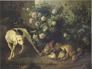 Francois Desportes Dog Guarding Game Near a Rosebush (mk05) oil painting image